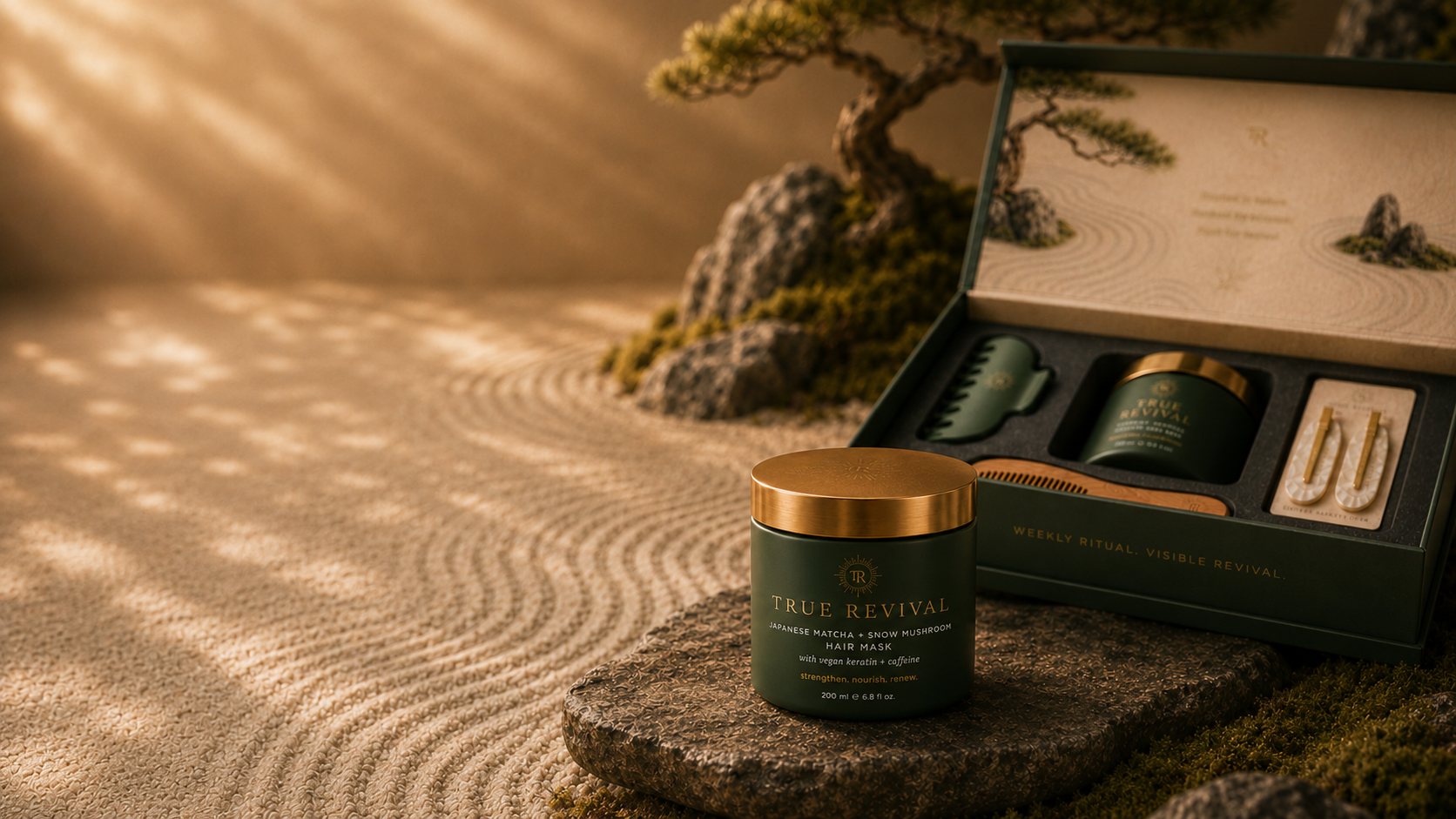 True Revival hair mask jar with a gold lid beside the open ritual kit box, set in a Japanese zen garden