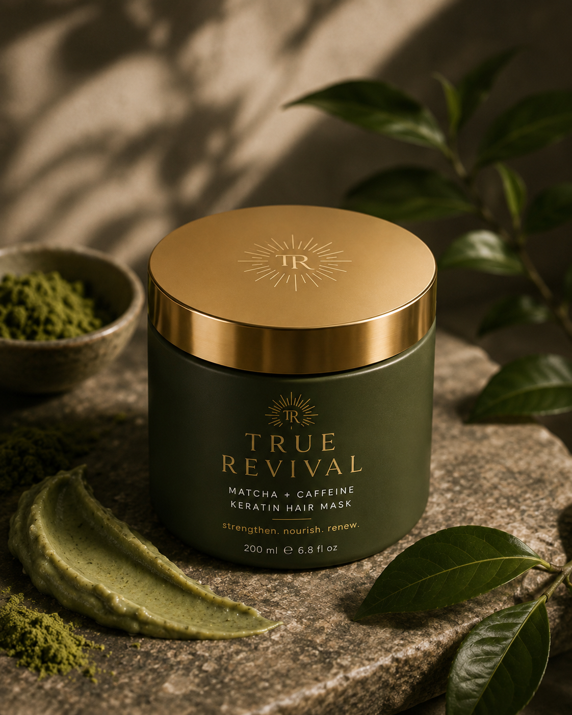 True Revival Matcha + Caffeine Keratin Hair Mask jar with matcha bowl and tea leaves